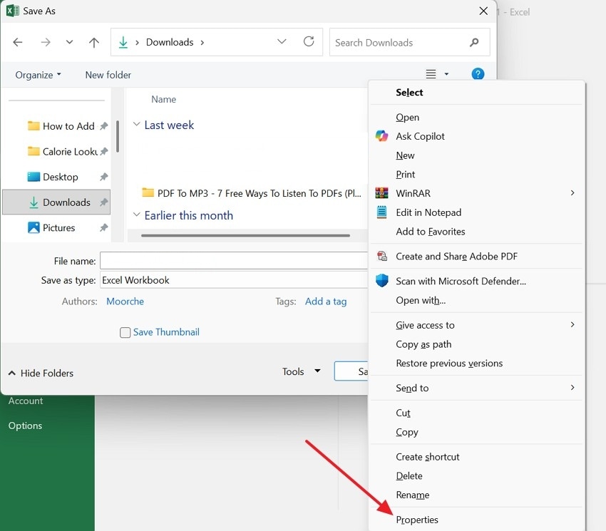 choose the properties option