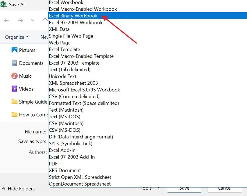 choose the file format
