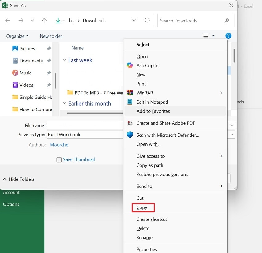 select the copy option