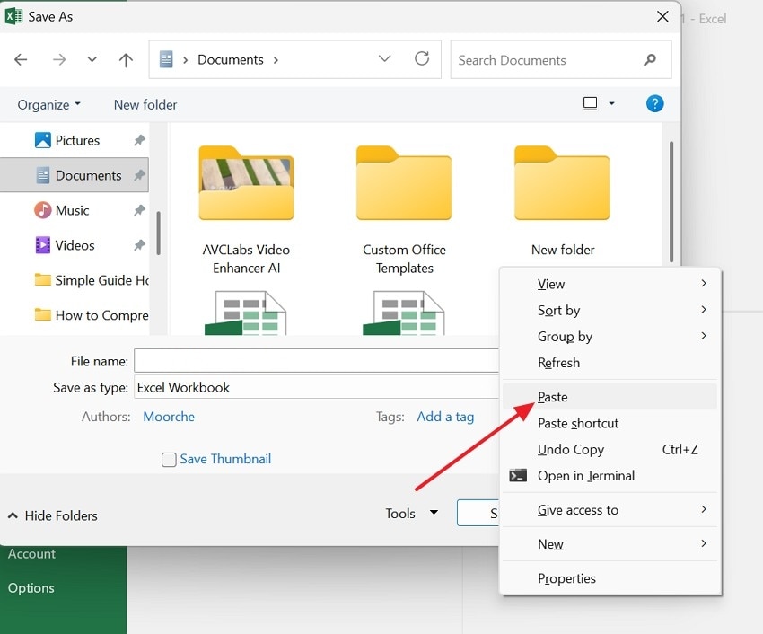 paste in document and save