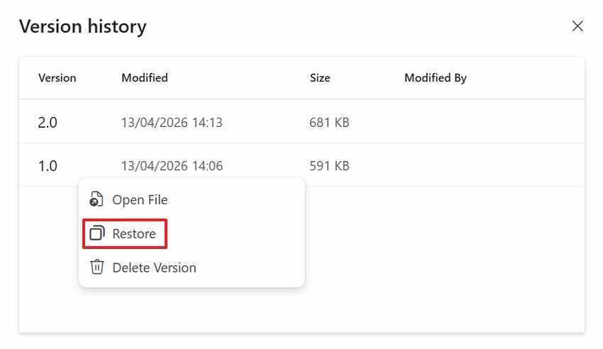restore correct onedrive workbook version 