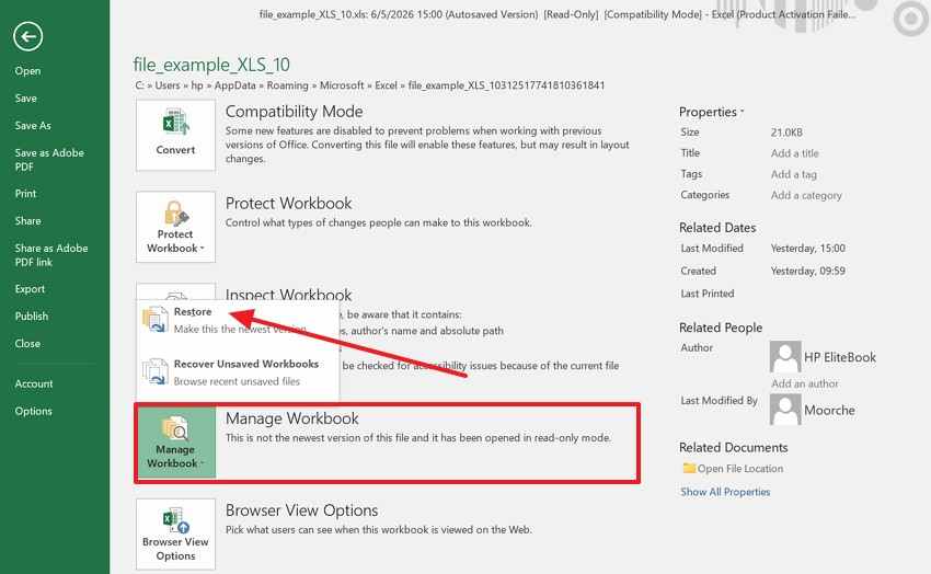 restore autosaved workbook version 