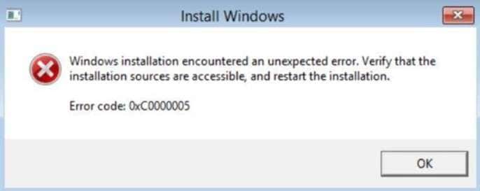 windows installation error 0xc0000005