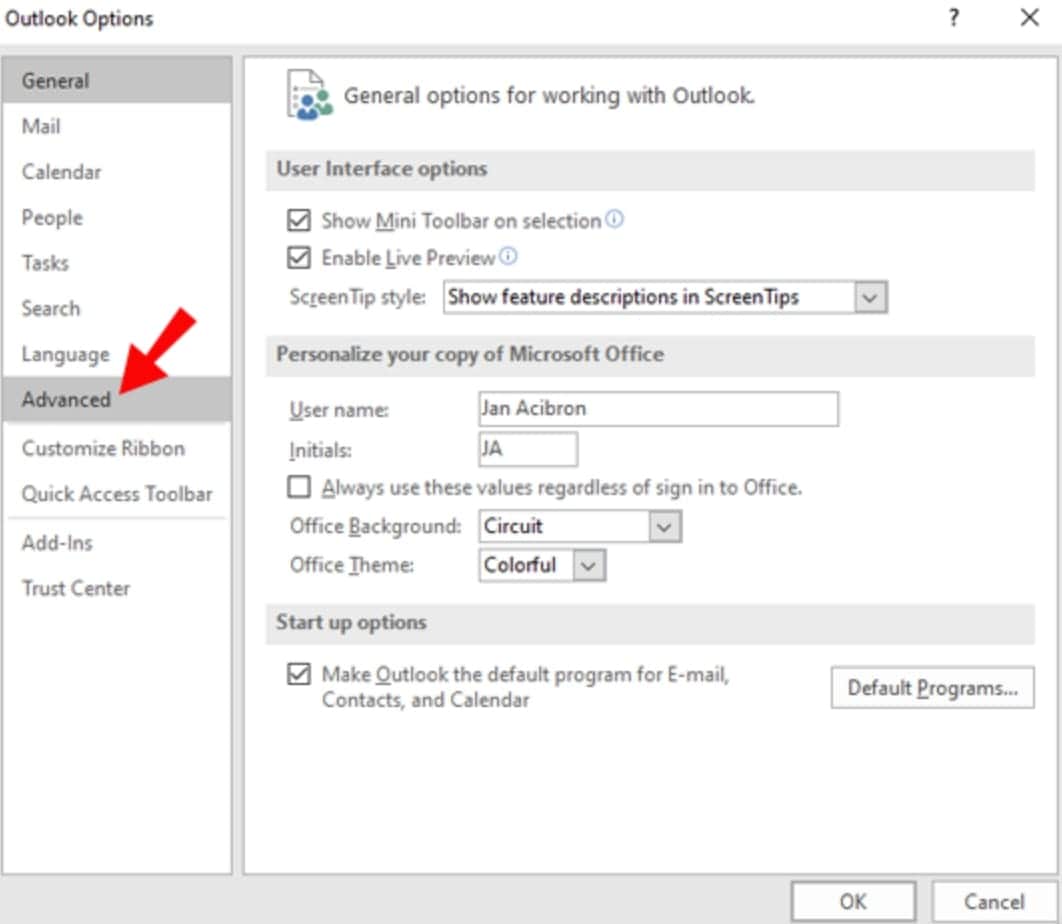 go to outlook advanced options
