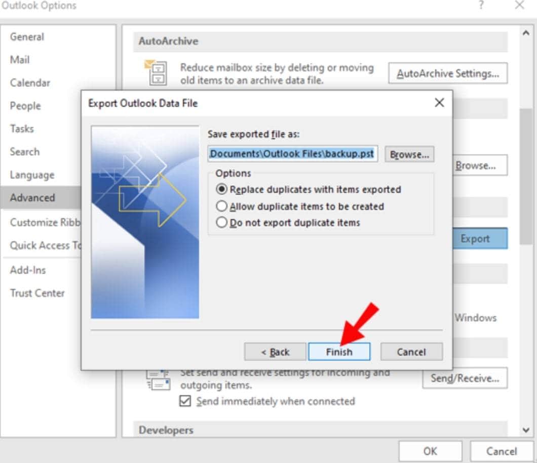 selecione o local para exportar todos os e-mails do outlook