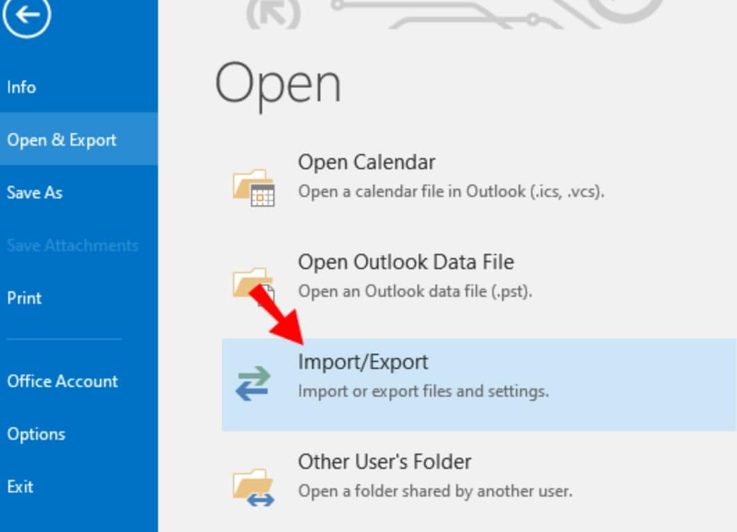 choose outlook import/export option