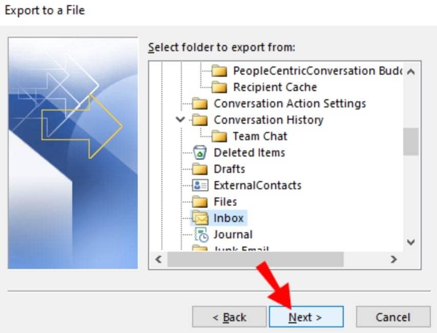 select the email folder to export from