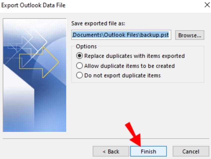 finish the export from outlook process