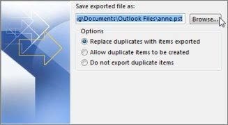 select an export destination in outlook