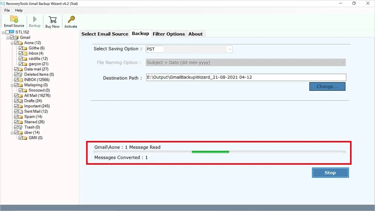 confirm export gmail to pst