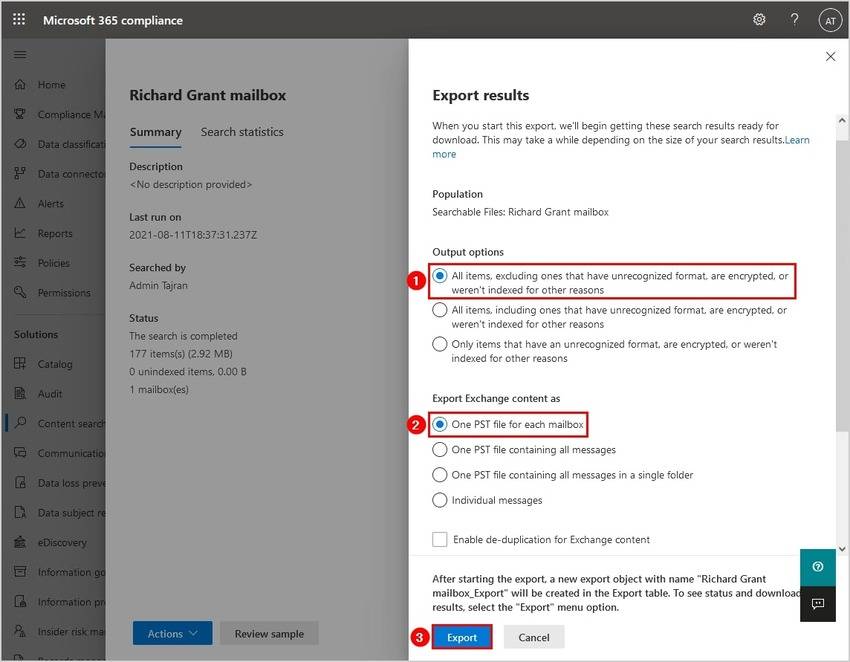 final step to exporting pst from office 365