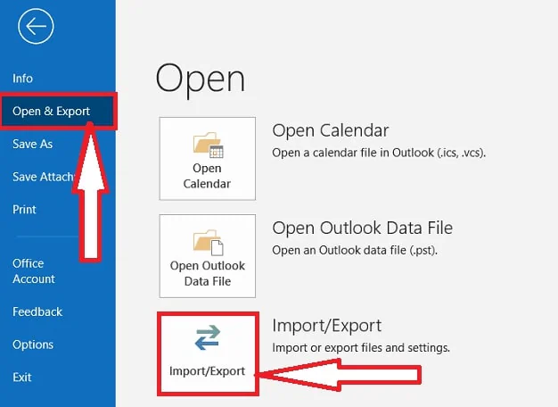 click import or export options