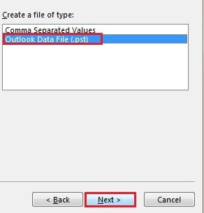 select outlook data file