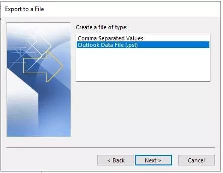 choose export to pst file