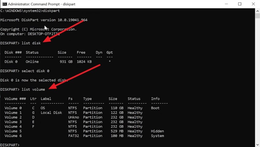 input list disk then list volume