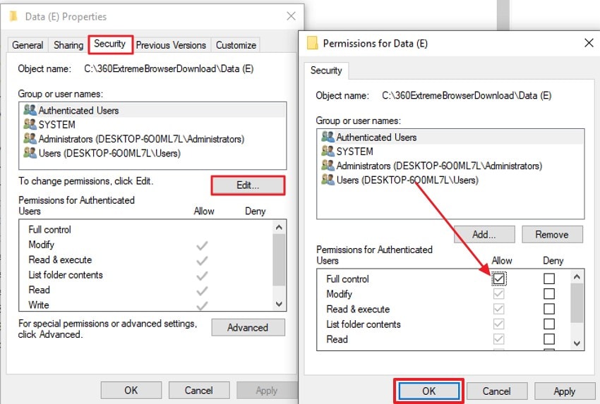 edit permissions and hit ok