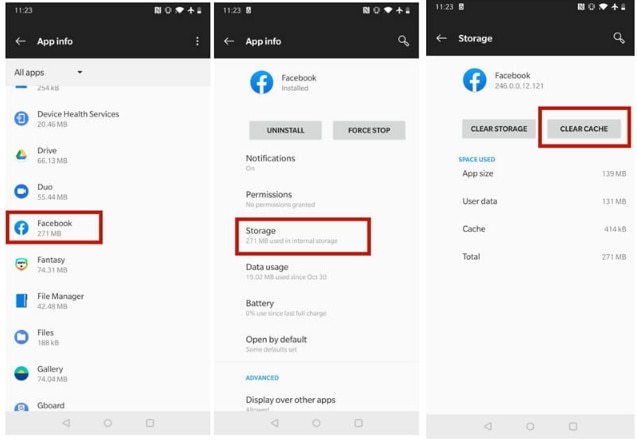 android facebook storage and cache screen with clear cache control