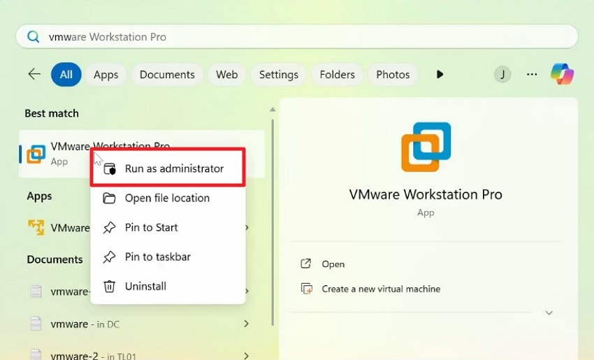 run vmware as admin