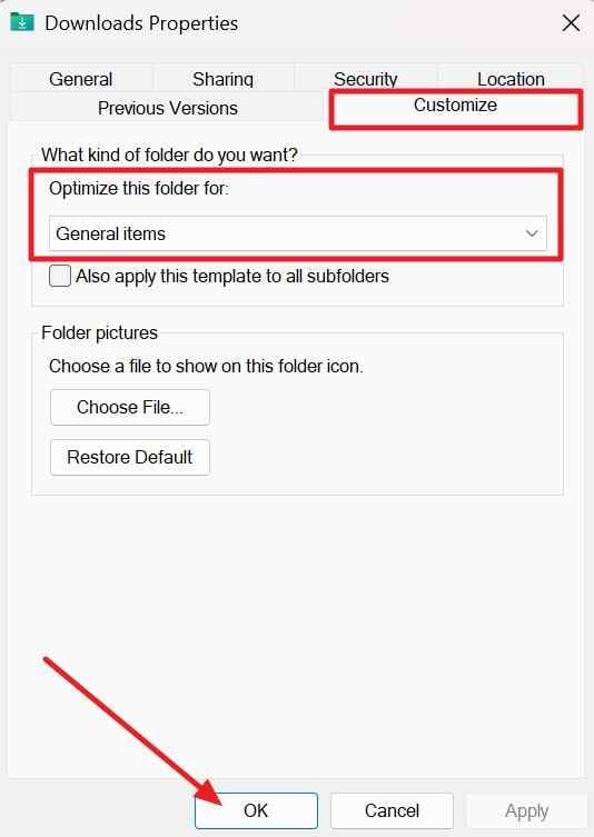 optimize the affected folder for general items