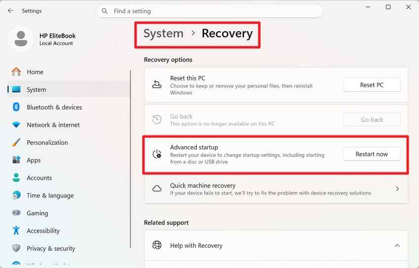 advanced startup in windows recovery settings