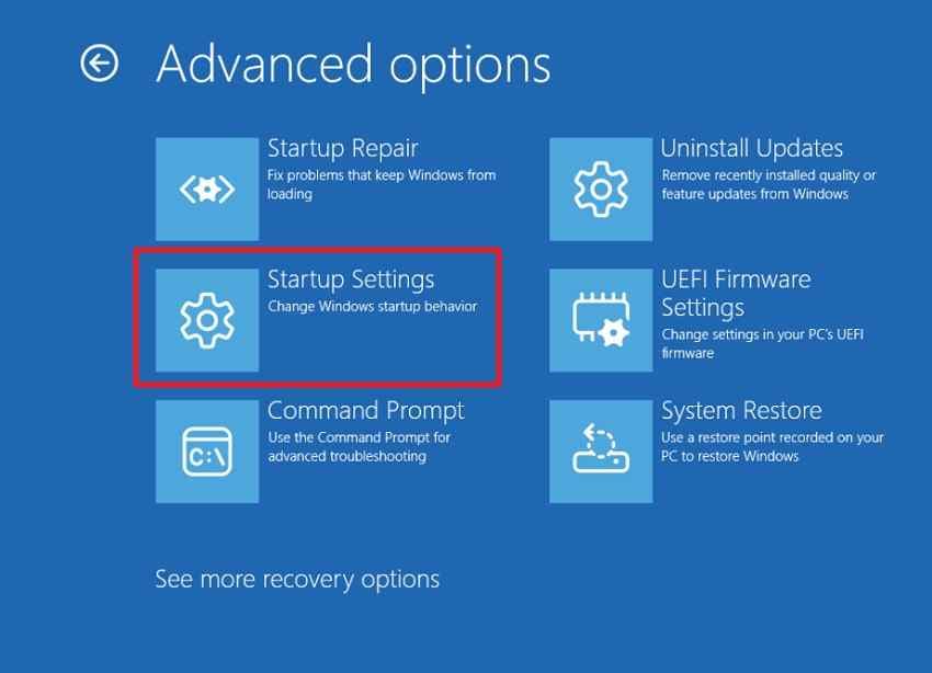 startup settings option in windows recovery