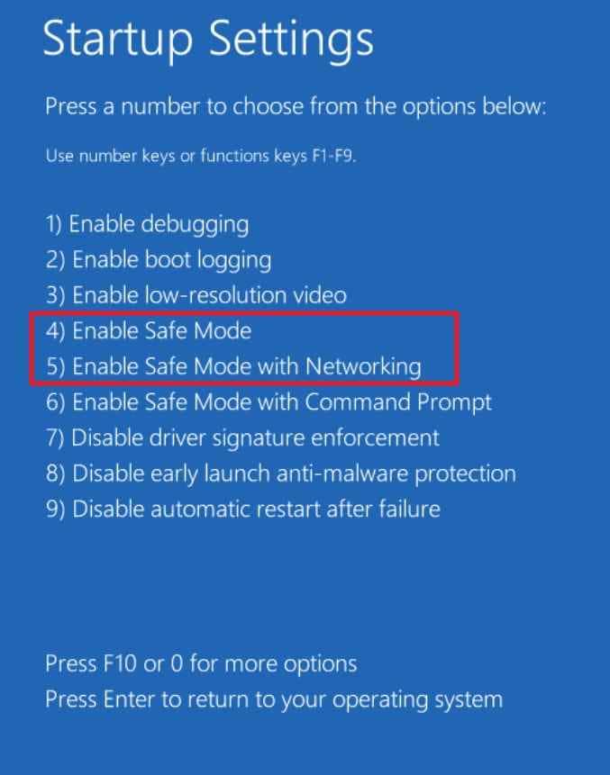 enable safe mode from startup settings