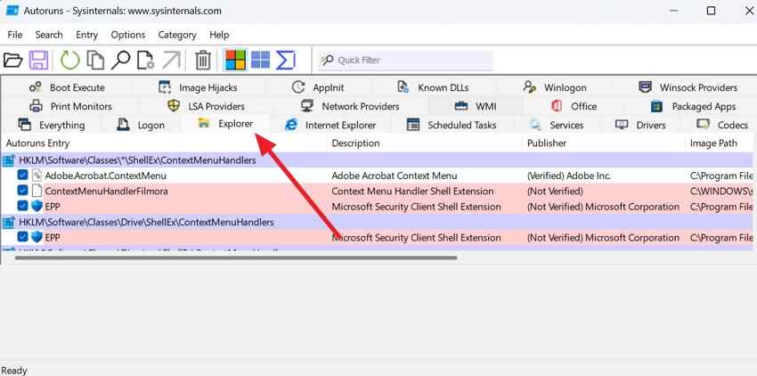 review explorer shell extensions in autoruns