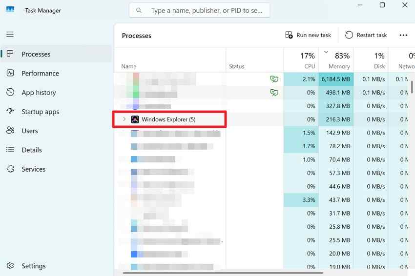 windows explorer process in task manager