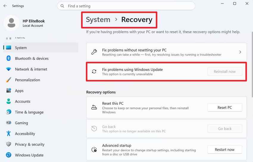 reinstall the current windows version from recovery settings