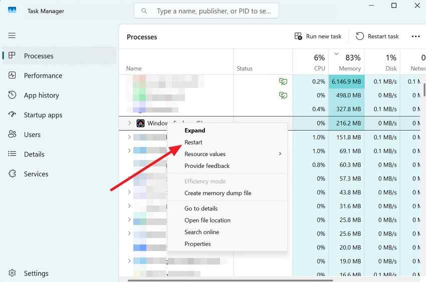 restart windows explorer from task manager