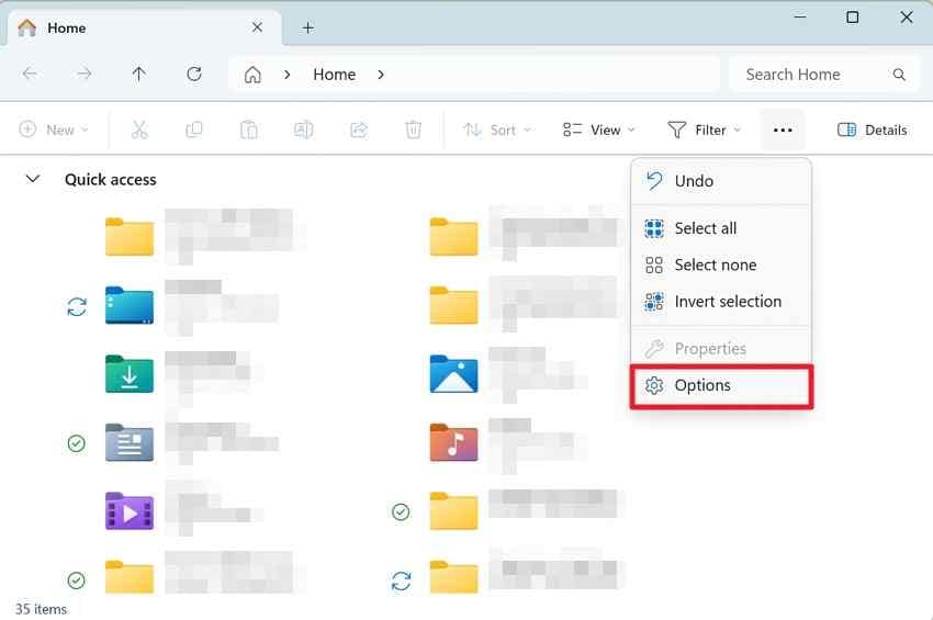 open file explorer options from the toolbar