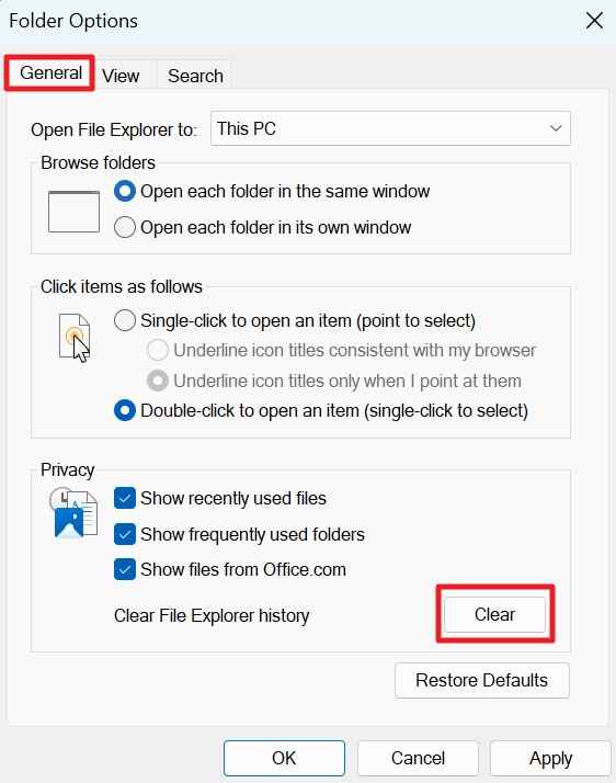 clear file explorer history in folder options