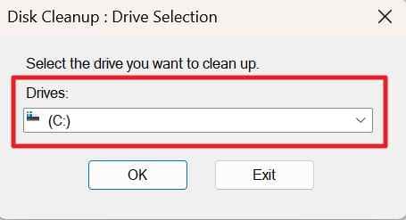 select the windows drive in disk cleanup