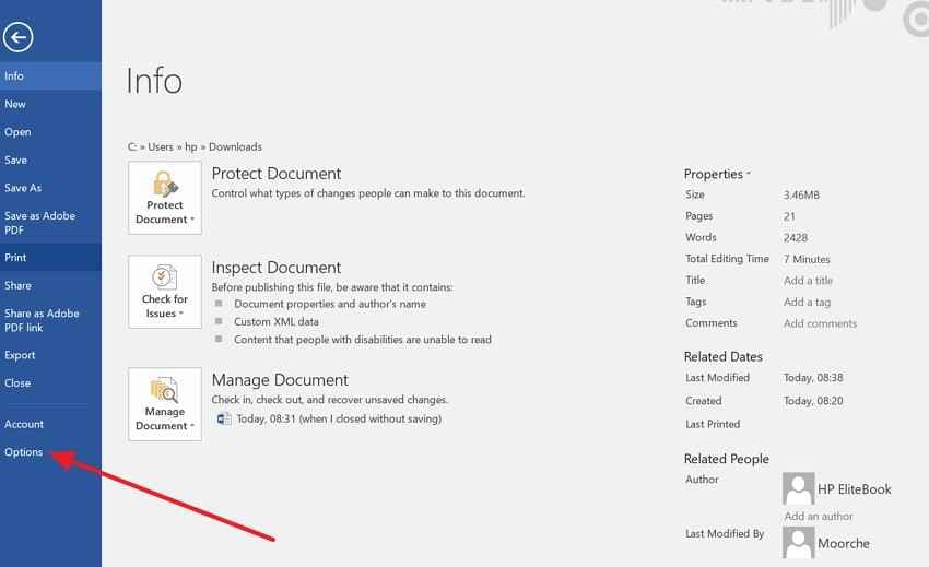 navigate to word options save 