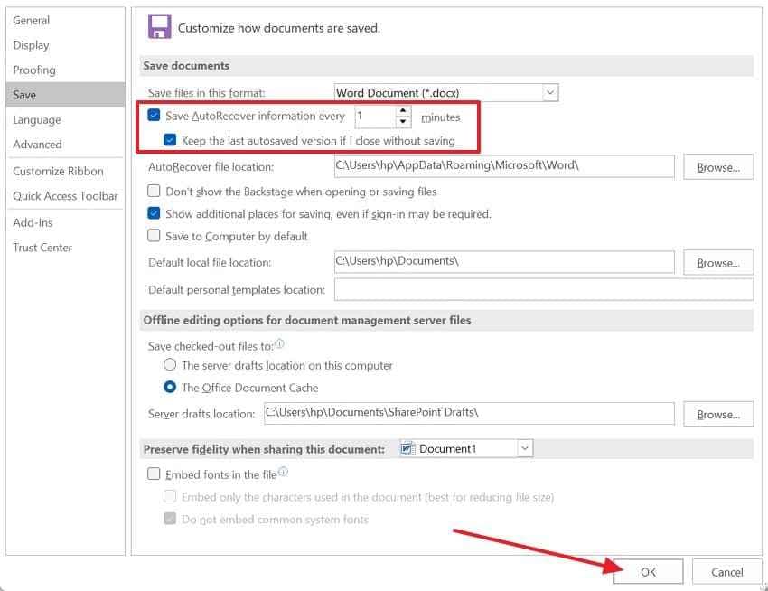 enable autorecover save settings 