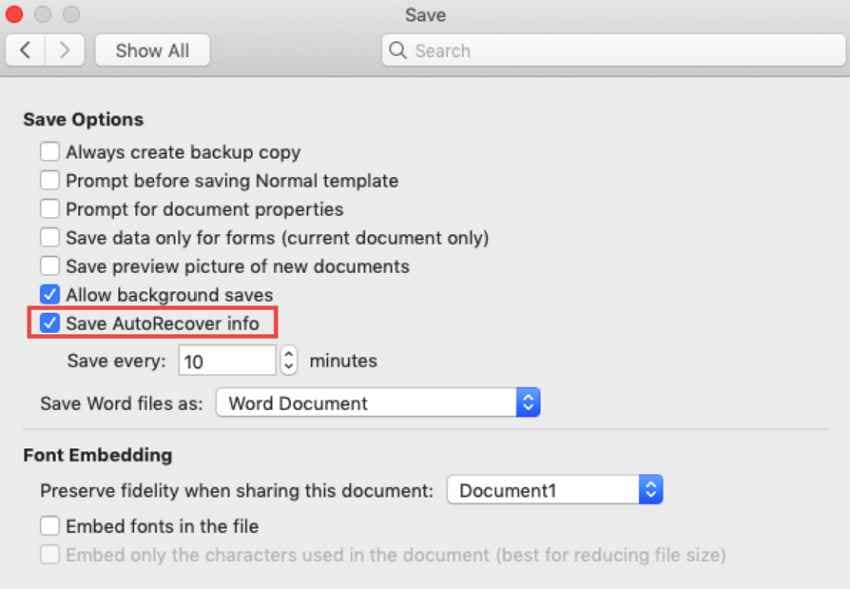enable mac autorecover save 
