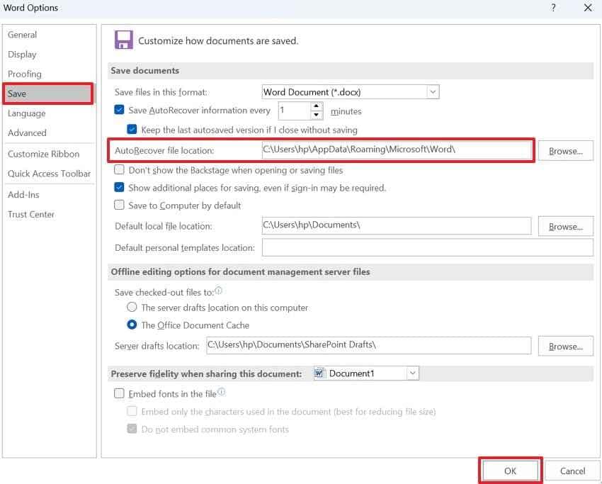 customize word autorecover location 