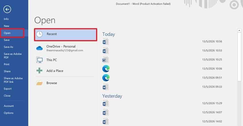 check recent word documents 