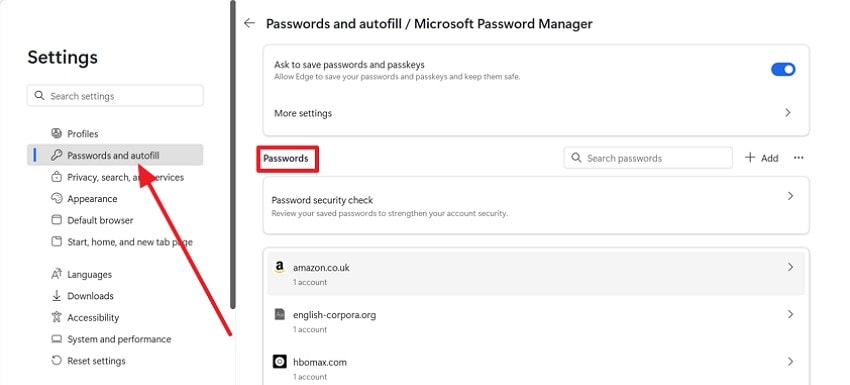 locate the passwords option