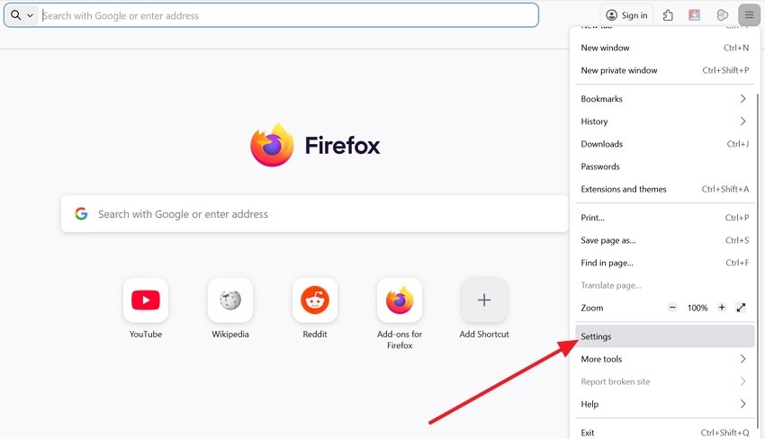 choose settings in firefox