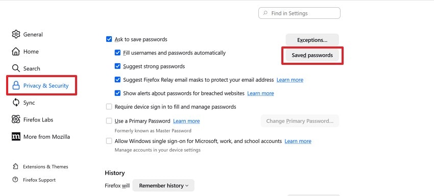 locate the saved passwords option