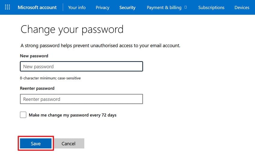 change password and press save