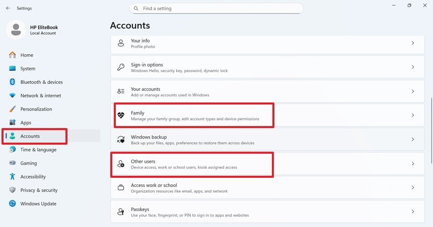 locate accounts in settings