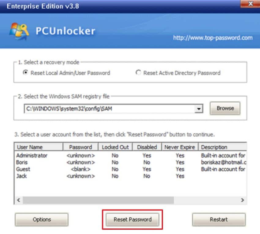 select reset password option