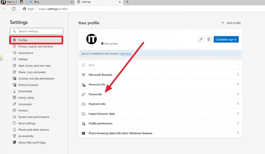 select profiles choose passwords