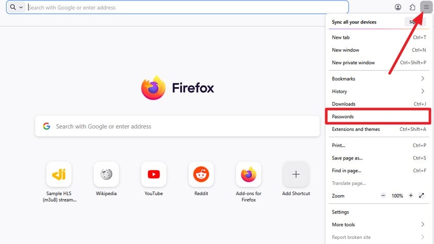 open firefox choose passwords