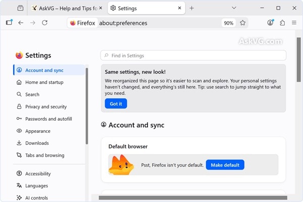 firefox redesigned settings sidebar and search field