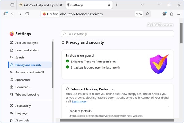firefox privacy and security settings with enhanced tracking protection