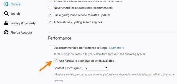 older firefox performance options showing hardware acceleration checkbox