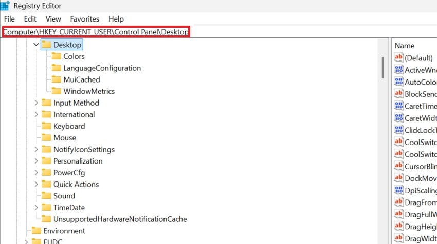 select the hkey in registry editor